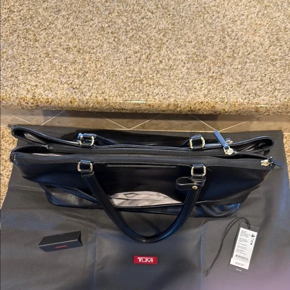 Women's Tumi Sheryl Business Leather Laptop Tote, Black With Gold